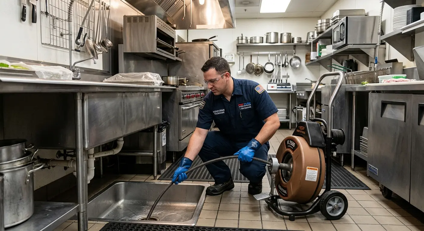 Commercial drain cleaning service in a restaurant kitchen in Grand Prairie