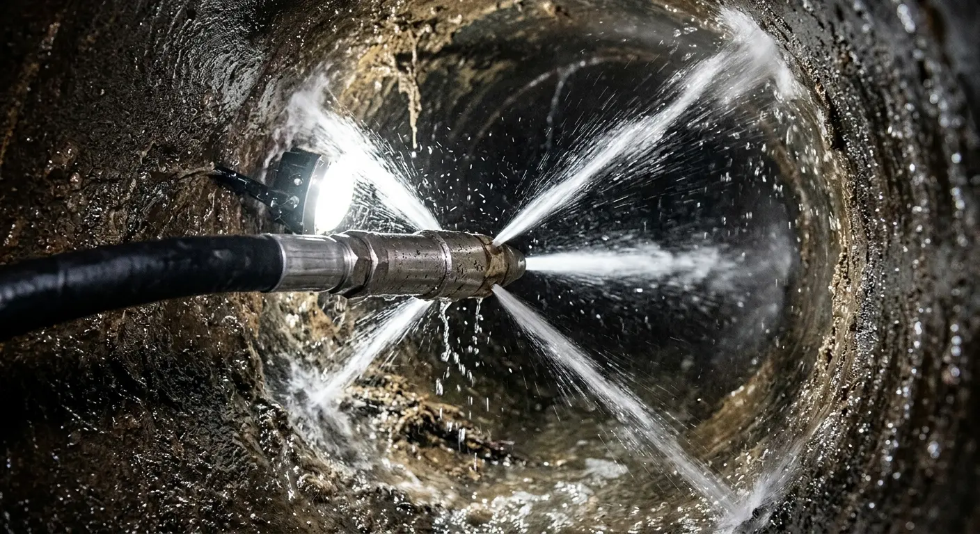 High-pressure hydro jetting nozzle cleaning sewer pipe for Trenchless Sewer Repair in Grand Prairie