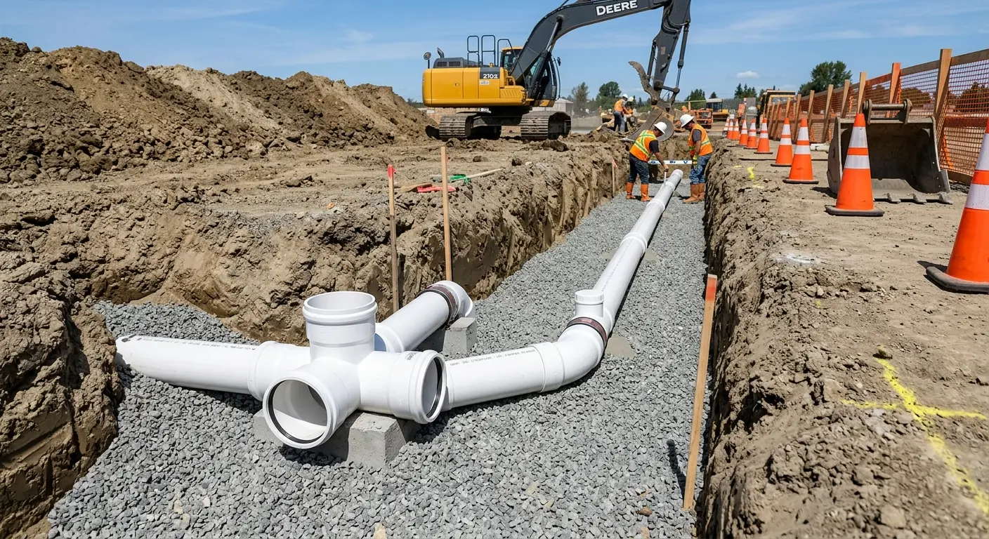 New PVC sewer pipe installation in open trench for Commercial Drain Cleaning in Grand Prairie